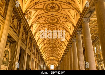 Aisle Ceiling - A wide-angle view of the arch ceiling of the left aisle next to the nave in The Basilica of Santa Maria Maggior. Rome, Italy. Stock Photo