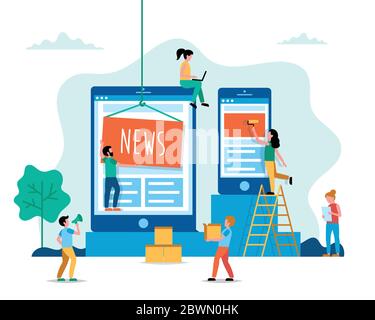 Creating News, internet news concept vector illustration in flat style. People working on website. Characters doing various tasks, teamwork. Stock Vector