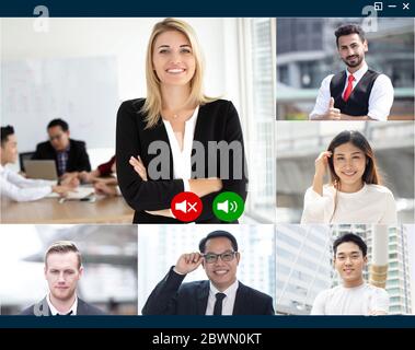Group of Business team working people using video conference system enjoy online see face talking by video call application via internet screen concep Stock Photo