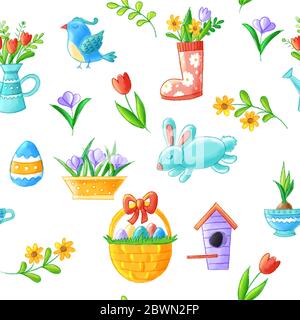 Hello spring seamless pattern with hand drawn elements - cute flowers, bird, bunny, easter eggs, watering can, nesting box, seasonal illustrations. Stock Photo