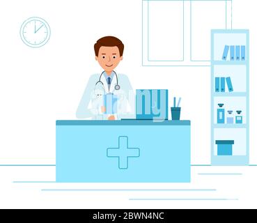Doctor therapist sitting at a table in the medical office. In front of the computer studying the document. Vector illustration, flat style, on white b Stock Vector