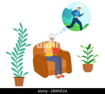 Grandma is sitting at home on the couch, reading a book. Dreams of training and a healthy body. Concept healthy lifestyle. Vector illustration in mode Stock Vector