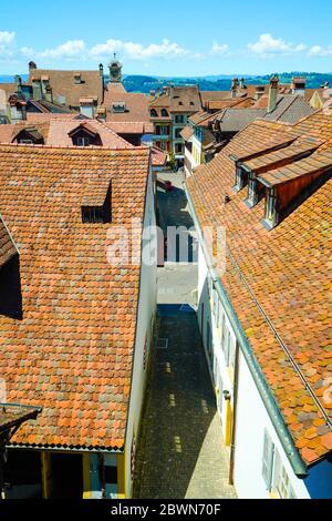 Elevated view of Morat, (Murten) from towns city walls, Fribourg canton, Switzerland. Stock Photo