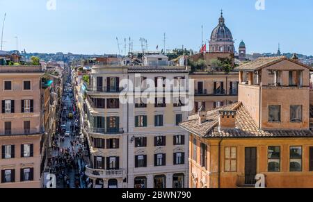 City of Rome - An overview of a sunny afternoon at busy and crowded ancient city of Rome, seen from the top of the famous Spanish Steps. Rome, Italy. Stock Photo