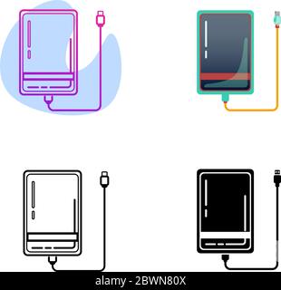Set of External hard disk drive with USB cable isolated on white background. Color flat Powerbank for charging mobile devices. Line art Portable extern HDD. Memory drive vector illustration. Stock Vector