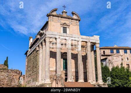 Ancient Roman Temple - A front closeup view of the 2nd-century Roman Temple of Antoninus and Faustina in Roman Forum. Rome, Italy. Stock Photo