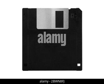 Old computer floppy disk, black diskette, no label, isolated on white background Stock Photo