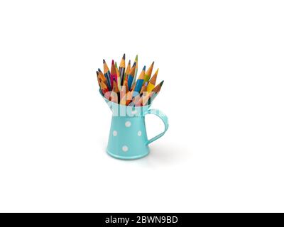Colored pencils in a jar on a white background. Stock Photo