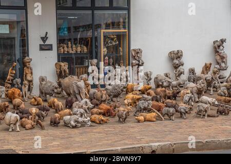 African Gift Shops in Stellenbosch, Western Cape Province, South Africa. Souvenirs from the Big Five stay at the Street Stock Photo