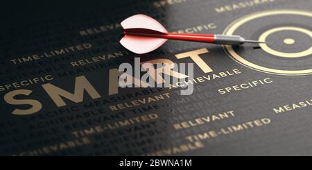 3D illustration of a red dart, golden target and words over black background. Concept of smart goals or objectives. Stock Photo