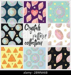 Seamless pattern of colorful jewels gemstones and crystals on black background. Stock Vector