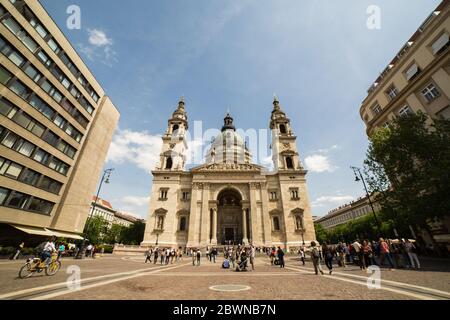 Budapest, Hungary - 27 APRIL 2018: Tourist near by St. Stephen Basilica the largest church in Budapest , Hungary Stock Photo