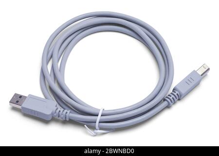 Grey Computer Printer Cable Isolated on White Background. Stock Photo
