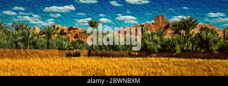 Mud-built village with old Kasbah in ruins and palm trees on a hilly landscape near Ouarzazate, in Morocco. Stock Photo