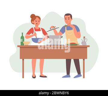Man and woman preparing food in kitchen. Couple cooking lunch or dinner together at home. Family having fun together. Stock Vector