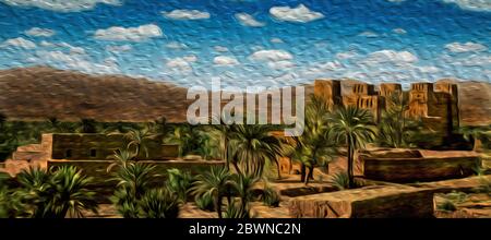 Mud-built village with old Kasbah in ruins and palm trees on hilly landscape near Ouarzazate, in Morocco. Stock Photo