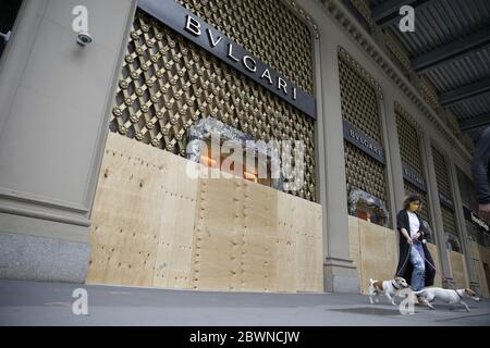 A Bvlgari retail store on Fifth Avenue is boarded up after a long night of unrest in Manhattan as protests, looting and rioting around the country continue over the death of George Floyd at the hands of the Minneapolis police in New York City on Tuesday, June 2, 2020. Former Minneapolis police officer Derek Chauvin was arrested Friday days after video circulated of him holding his knee to George Floyd's neck for more than eight minutes before Floyd died. All four officers involved in the incident also have been fired from the Minneapolis Police Department. Photo by John Angelillo/UPI Stock Photo