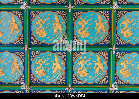 Wall roof texture golden dragons on blue turquoise background, Thean Hou temple. Stock Photo