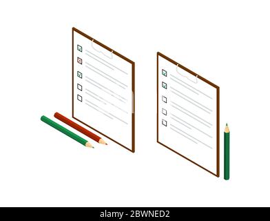 Isometric checklist concept. checkbox with a red cross and a green check mark. checklist with pencil isolated illustration on white background Stock Vector