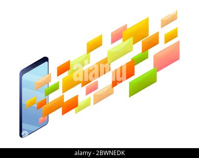 emails, many incoming sms. concept of spam and oversupply of information. Vector isometric illustration. Flow of letters Stock Vector