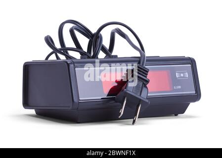 Vintage Alarm Clock Un-Plugged with Cord Isolated on White. Stock Photo