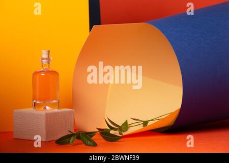 Asymmetric, abstract geometric background using orange, blue and yellow Stock Photo