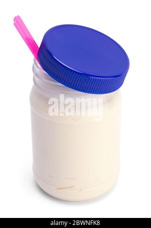 Jar of Mayo with Plastic Knife Isolated on White. Stock Photo