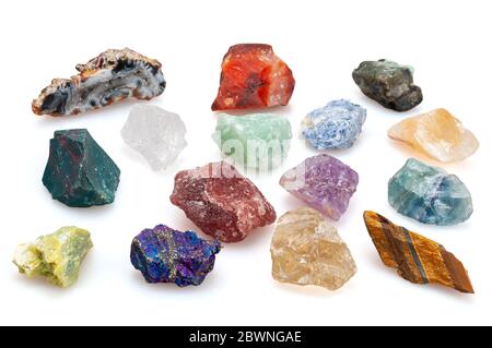 Different stones minerals on a white background. Stock Photo