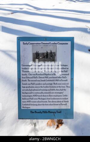 Signs interpreting the history of people and land at the Bundy Hill nature preserve in Isabella Country, Michigan, USA [No property release; available Stock Photo