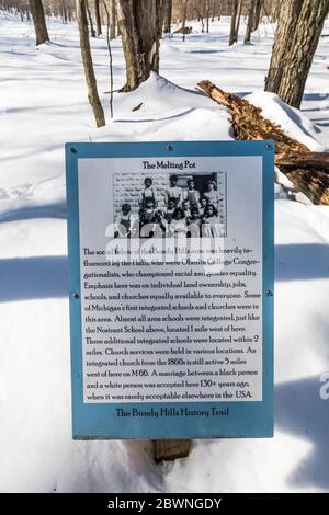 Signs interpreting the history of people and land at the Bundy Hill nature preserve in Isabella Country, Michigan, USA [No property release; available Stock Photo