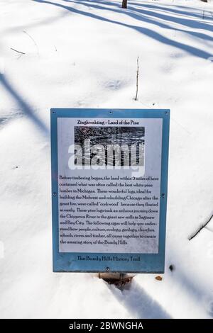 Signs interpreting the history of people and land at the Bundy Hill nature preserve in Isabella Country, Michigan, USA [No property release; available Stock Photo