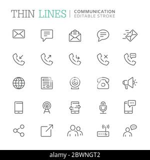Collection of communication related line icons. Editable stroke Stock Vector
