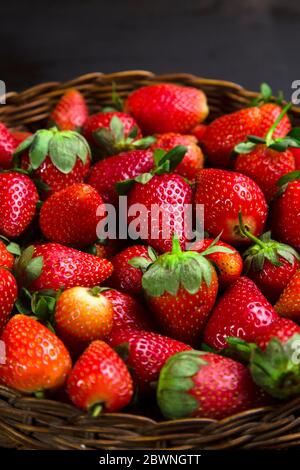 Many strawberries in wicker bowl with black background Stock Photo
