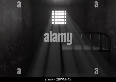 3d rendering of grunge prison cell with bunk bed and light ray of window Stock Photo