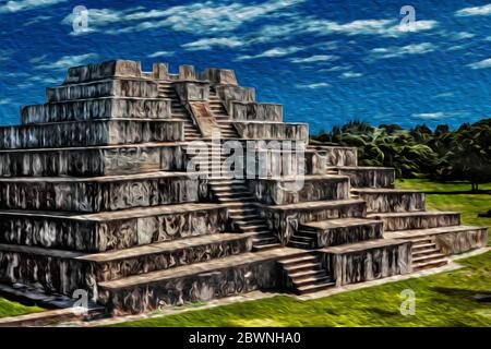 Temple-pyramid with architecture in talud-tablero style and double stair at the Maya city of Zaculeu. A pre-Columbian archaeological site in Guatemala. Stock Photo
