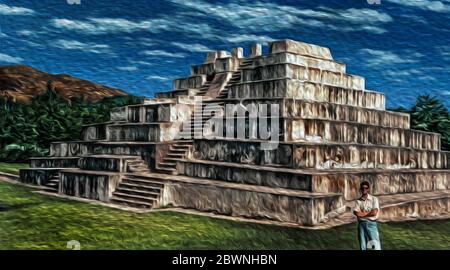 Man near a temple-pyramid with architecture in talud-tablero style at the Maya city of Zaculeu. A pre-Columbian archaeological site in Guatemala. Stock Photo