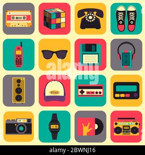 Vector old style equipments, accessories and things icons set. Old school collection in flat style. Design templates in EPS10. Stock Vector