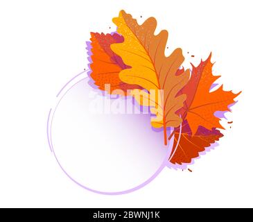 Modern autumn foliage template banner. Cartoon web frame discount with copy space for text. Fall sale promotion element. Vector leaves Creative illustration. Flat advertising label on white backdrop. Stock Vector