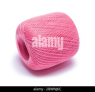 Spool of Pink Knitting String Isolated in White Background. Stock Photo