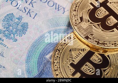 Close up Physical Bitcoin, Litecoin polish currency, polski zloty, PLN. Cryptocurrency concept poster. Stock Photo