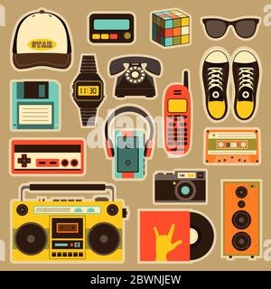 Vector old style equipments, accessories and things icons set. Old school collection in flat style. Design templates in EPS10. Stock Vector