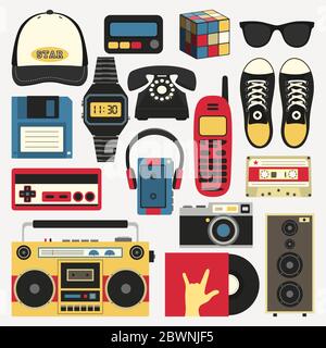 Vector old style equipments, accessories and things icons set. Old school collection in flat style. Design templates in EPS10. Stock Vector