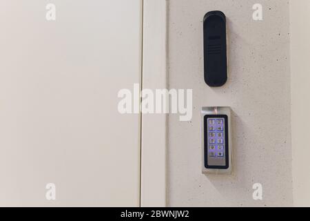 Secure password on keyboard for opening home house door. Password code Security keypad system protected in Public Building. The security code combinat Stock Photo