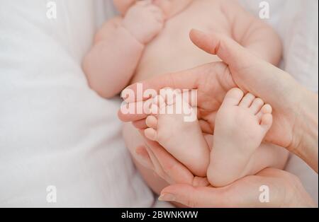 Newborn baby Caucasian feet in mother's hands isolated on white background. Mom and her child.  Stock Photo