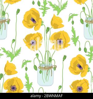 Colorful floral seamless pattern with hand drawn yellow poppy flowers inside mason jar on white background. Stock vector Stock Vector