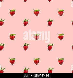 Cute strawberry seamless pattern on pastel pink background, texture Stock Photo