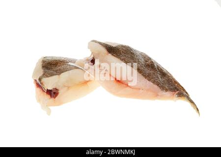 Two raw brill fish cutlets isolated against white Stock Photo