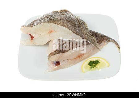 Two raw brill fish cutlets on a plate isolated against white Stock Photo