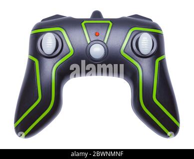 Black and Green Wireless Video Game Controller Top View Isolated on White. Stock Photo