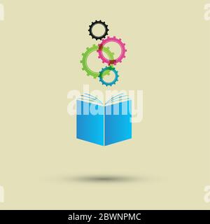 Vector blue book four colored gears white background Stock Vector